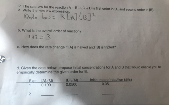 2. The rate law for the reaction A+B a. Write the rate law expression. C + D is first order in [A] and second order in [B]. R