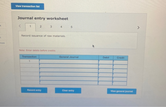View transaction list Journal entry worksheet k < 1 2 3 4 5 Record issuance of raw materials. t nces Note: Enter debits befor