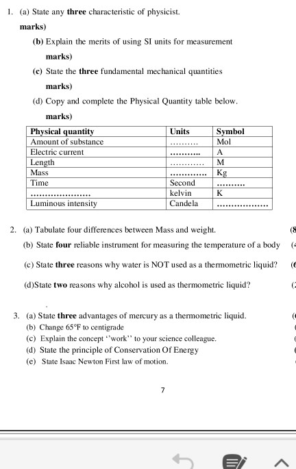 1. (a) State any three characteristic of physicist. marks) (b) Explain the merits of using SI units for measurement marks) (c