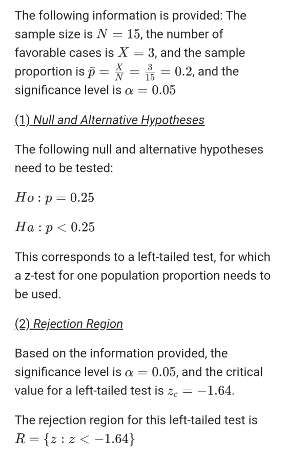 The following information is provided: The sample size is N = 15, the number of favorable cases is X = 3, and the sample prop