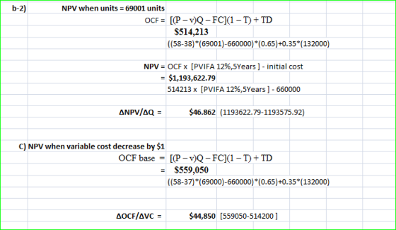 b-2) NPV when units = 69001 units OCF = [(P-v)Q-FC](1 – T) + TD $514,213 ((58-38) 69001)-660000) * (0.65)+0.35*(132000) NPV