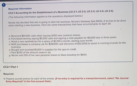 Required information CC2-1 Accounting for the Establishment of a Business [LO 2-1, LO 2-2, LO 2-3, LO 2-4, LO 2-5) [The follo