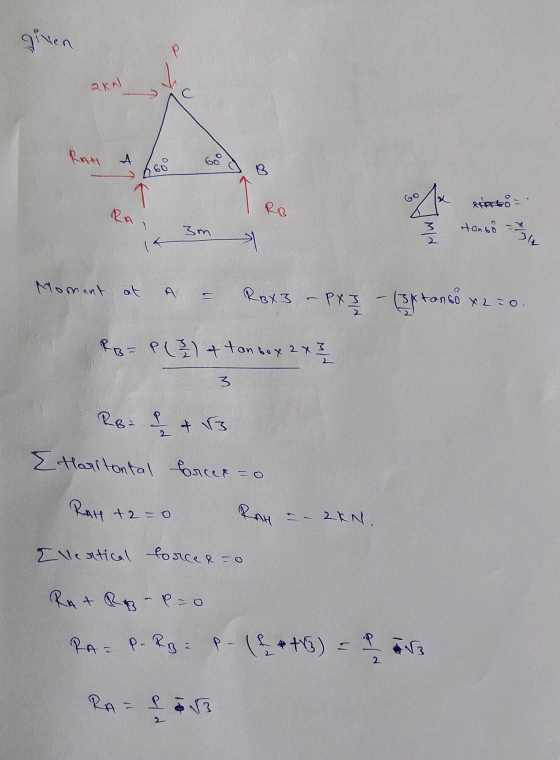 given P RIN RAH A 60 6600 B F 51 Ro RAND 3m tanto = le Moment at Rox3 PX (stanco 134tanso x2.0. ww RB= P(Z & tan box 2 x 3 3