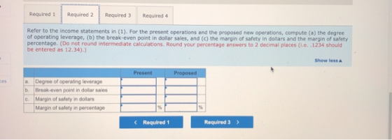 Required 1 Required 2 Required 3 Required 4 Refer to the income statements in (1). For the present operations and the propose