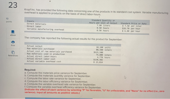 23 Kropf Inc. has provided the following data concerning one of the products in its standard cost system. Variable manufactur