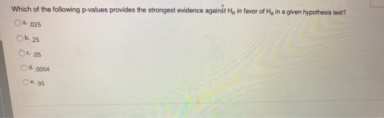 Which of the following p-values provides the strongest evidence against Ho in favor of Hy in a given hypothesis test? a..025