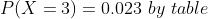 P(X = 3) = 0.023 by table