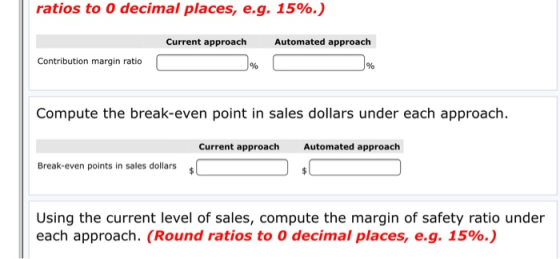 ratios to 0 decimal places, eg, 15%.) Current approach Automated approach Contribution margin ratio Compute the break-even point in sales dollars under each approach. Current approach Automated approach Break-even points in sales dollars Using the current level of sales, compute the margin of safety ratio under each approach. (Round ratios to 0 decimal places, e.g. 15%.)