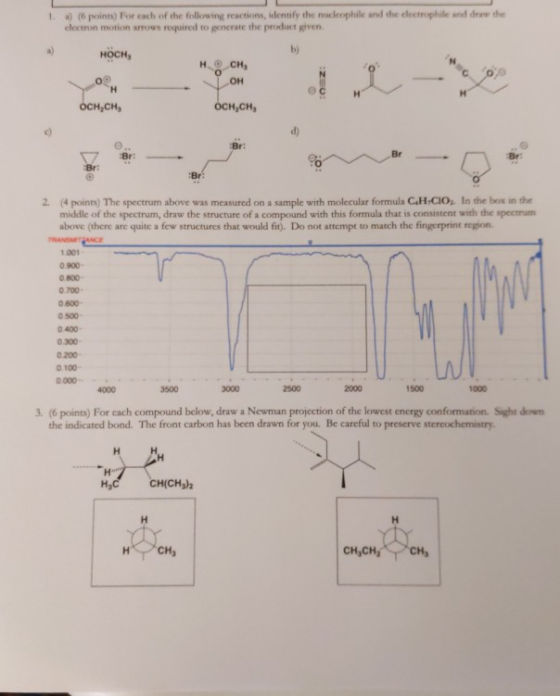 1 points for each of the following reactions, identify the nucleophile and the decophile and dew the electron motion s requir