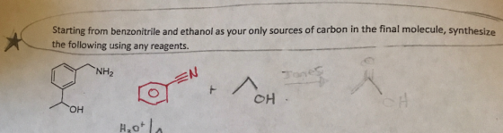 Starting from benzonitrile and ethanol as your only sources of carbon in the final molecule, synthesize the following using a