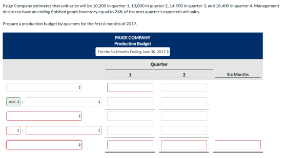 Paige Company estimates that unit sales will be 10,200 in quarter 1, 13,000 in quarter 2, 14,900 in quarter 3, and 18,400 in