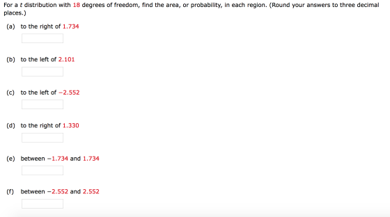 For a t distribution with 18 degrees of freedom, find the area, or probability, in each region. (Round your answers to three