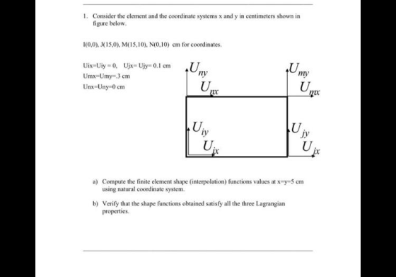 1. Consider the element and the coordinate systems x and y in centimeters shown in figure below 1(0,0), 3(15,0), M(15,10), N(