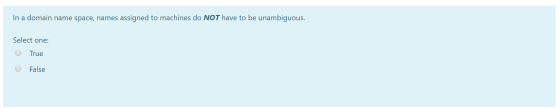 In a domain name space, names assigned to machines do NOT have to be unambiguous. Select one: O True O False