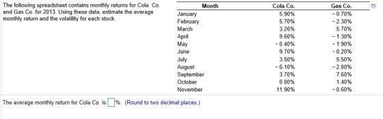 The following spreadsheet contains monthly returns for Cola Co. and Gas Co. for 2013. Using these data, estimate the average