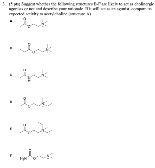 3. (5 pts) Suggest whether the following structures B-F are likely to act as cholinergic agonists or not and describe your ra
