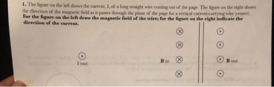 1. The figure on the left shows the current, 1, of a long straight wire coming out of the page. The figure on the right shows