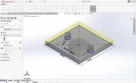 35 SOLIDWORKS Sketch2 of Part3 * > Search Com Instant3D Swept Boss/Base Extruded Revolved Lofted Boss/Base Boss/Base Boss/Bas