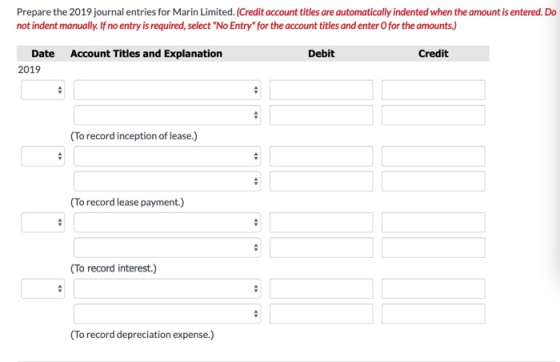 Prepare the 2019 journal entries for Marin Limited. (Credit account titles are automatically indented when the amount is ente