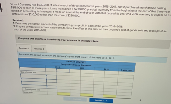 Vibrant Company had $930,000 of sales in each of three consecutive years 2016-2018, and it purchased merchandise costing $515