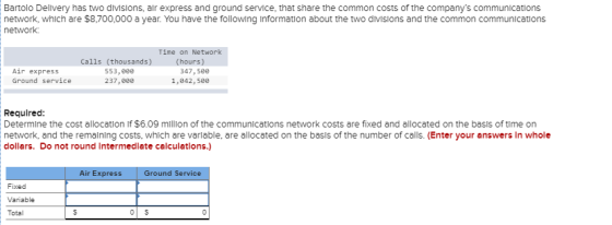 Bartolo Delivery has two divisions, alr express and ground service, that share the common costs of the companys communicatio