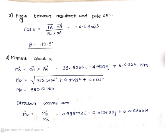 2] between resultant and pole OA:- Angle Cos B - FROA -0.43043 FR XOA B: 115.50 3] Moment about o Mo OA X FR 392.5256 i -4.95