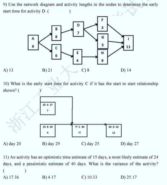 9) Use the network diagram and activity lengths in the nodes to determine the early start time for activity D. ( F 3 B 8 А G