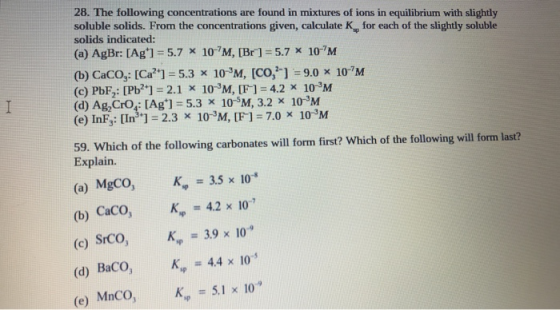 28. The following concentrations are found in mixtures of ions in equilibrium with slightly soluble solids. From the concentr