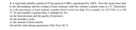3. A rigid tank initially contains 0.32 kg steam at 4 MPa, superheated by 350°C. Now the steam loses heat to the surroundings