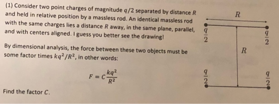 (1) Consider two point charges of magnitude q/2 separated by distance R and held in relative position by a massless rod. An identical massless rod with the same charges lies a distance R away, in the same plane, parallel, and with centers aligned. I guess you better see the drawing! q 2 By dimensional analysis, the force between these two objects must be some factor times kq2/R2, in other words: kq2 2 Find the factor C.