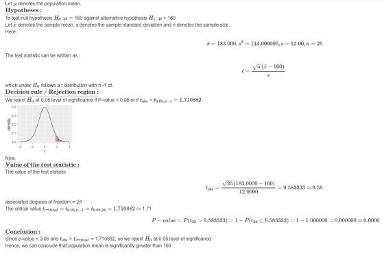 Let u denotes the population mean. Hypotheses : To test null hypothesis Ho := 160 against alternative hypothesis H1 :p> 160 L