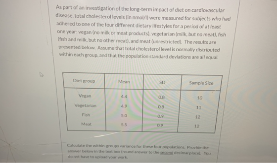 As part of an investigation of the long-term impact of diet on cardiovascular disease, total cholesterol levels (in nmol/l) w