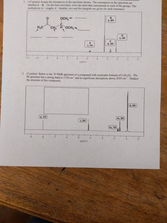 1. (15 points) Assign the resonances in the spectrum shown. The resonances on the spectrum are labelled A-D. On the lines pro