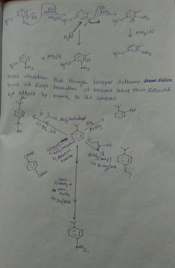 I NHz (1) NH2 W HCO H. llene neodion Pase through benzyne pathway. Hrne at fingt formation of benzme takes places by altack b