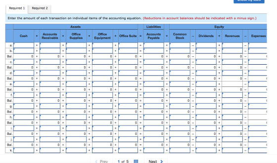 Required 1 Required 2 Enter the amount of each transaction on individual items of the accounting equation. (Reductions in acc