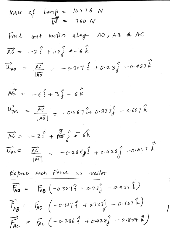 Lamp = W = 10876 N 760 N Find unit vectors along AO , AB & AC ÃO = -2êt light-6 ūno = AO = -0.307 { +0.23 -0.423 € AB LABI. A