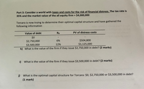 Part 3: Consider a world with taxes and costs for the risk of financial distress. The tax rate is 35% and the market value of