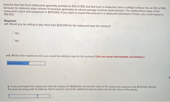 Assume that fast-food restaurants generally provide an ROI of 15%, but that such a restaurant near a college campus has an RO