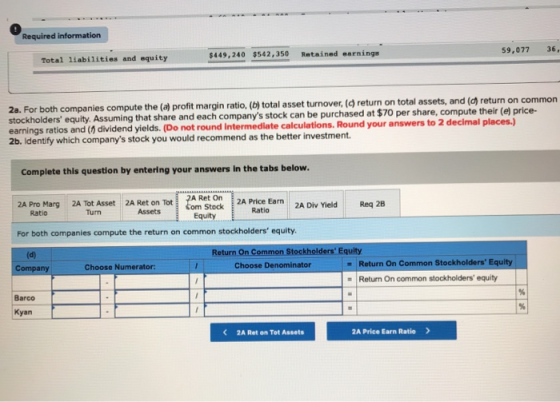 Required information Total liabilities and equity $449,240 $542,350 Retained earnings 59,077 36 2a. For both companies comput
