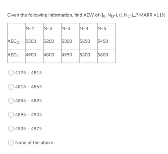 Given the following information, find AEW of (jo, Nd.), (j, NC).? MARR = 11% N=1 N=2 N=3 N=4 N=5 AECD AECC 5500 4900 5200 530