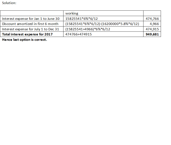 Solution: working Interest expense for Jan 1 to June 30 | 15825541*6%*6/12 Discount amortized in first 6 month (15825541 *6%*