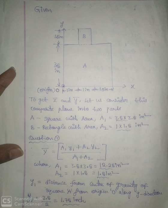Given, (orign) o Flin sklin sk 13 in > X To get X and y, Let us consuder this Composite plane into two parts A-square with Ar