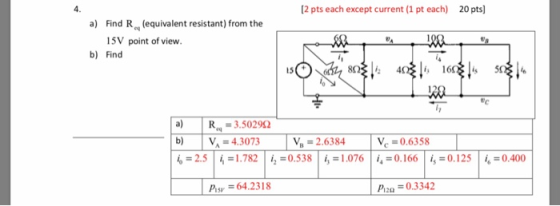 [2 pts each except current (1 pt each) 20 pts) a) Find R, (equivalent resistant) from the 15V point of view. b) Find of snake