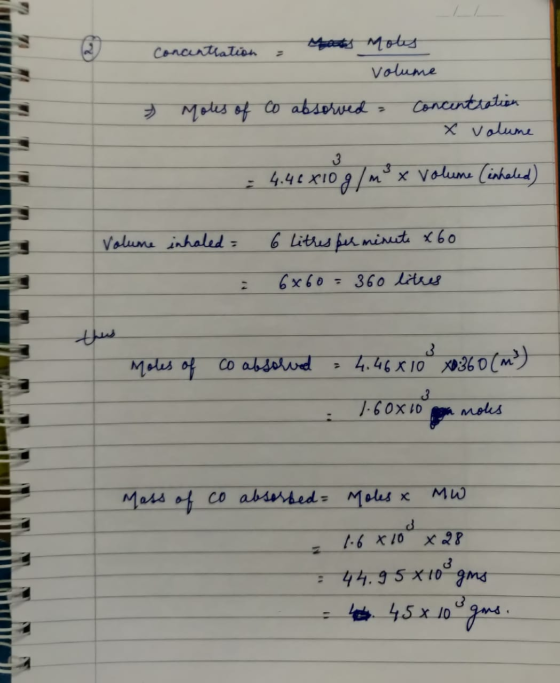 mnm Conantiation = Mats Mots 7 - volume » Motes of to absorved concentration x volume : 4.46x10 g/ m x Volume (inhaled) Volum