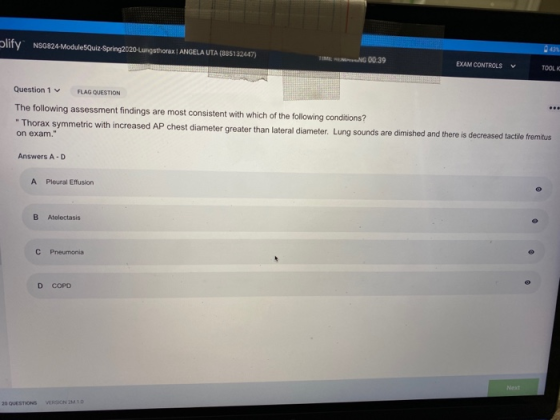 431 lify NSG824-Module5Quiz Spring 2020-Lungsthorax I ANGELA UTA (885132447 NG 00.39 EXAM CONTROLS V TOOL Question 1 FLAG QUE