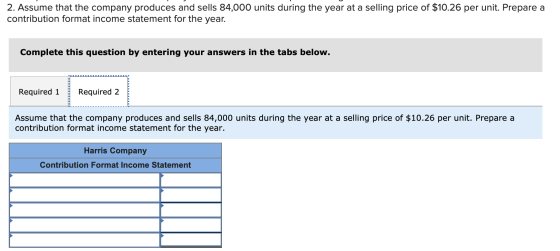 2. Assume that the company produces and sells 84,000 units during the year at a selling price of $10.26 per unit. Prepare a c