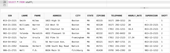 SELECT * FROM staff; 20 21 SSN LNAME FNAME ADDRESS CITY STATE ZIPCODE TELEPHONE HOURLY_RATE SUPERVISOR SHIFT 013-23-2121 Smit