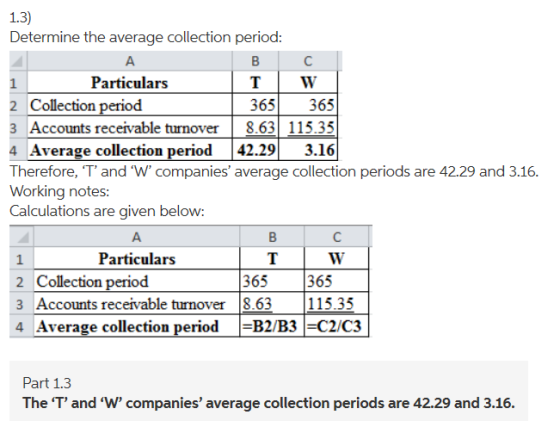 1.3) Determine the average collection period: B C 1 Particulars TW 2 Collection period 365 365 3 Accounts receivable turnover
