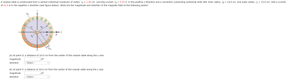 A coaxial cable is constructed from a central cylindrical conductor of radius ra = 2.00 cm carrying current IA = 9.20 A in th