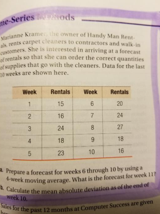 SeriesNods ne Kramer the owner of Handy Man Rent- carpet cleaners to contractors and walk-in She is interested in arriving at a forecast als, rents ofrentals so that she can order the correct quantities of supplies that go with the cleaners. Data for the last 0 weeks are shown here. WeekRentals Week Rentals 15 16 24 18 23 20 24 27 18 16 7 4 10 Prepare a forecast for weeks 6 through 10 by using a 4-w week moving average. What is the forecast for week 11? the mean absolute deviation as of the end of week 10. Sales for the e past 12 months at Computer Success are given